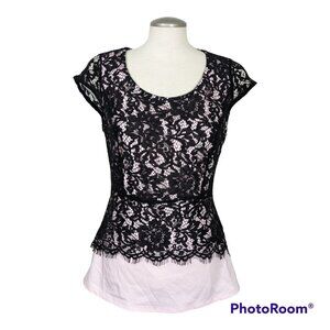 Womens NEW Black Lace Top Size M Sleeveless Pink Crochet Overlay Blouse Romantic